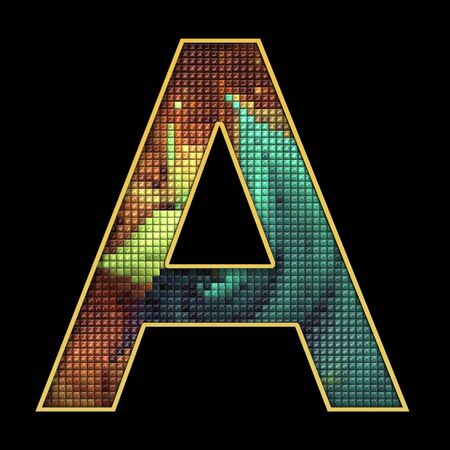 3D render of puff pixels alphabet capital letter with gold embellishmentの写真素材