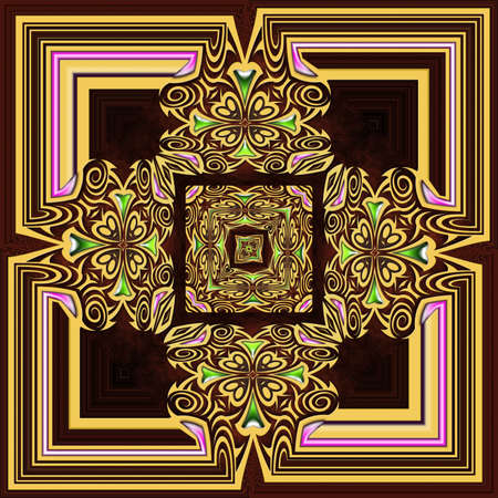 3D render of plastic background tile with embossed gold ornament and glossy buttons embellishmentの写真素材