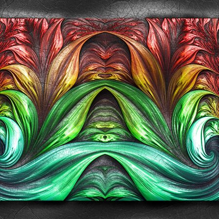 3D rendering of plastic background with embossed colorful fractal on leather
