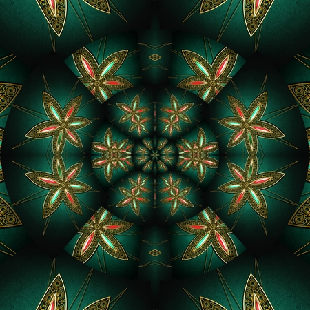 3D render of plastic background tile with embossed gold and gems ornamentの写真素材