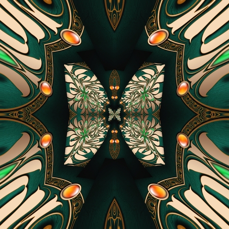 3D render of plastic background tile with embossed gold and gems ornamentの写真素材