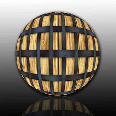  3D render of textured wood ball with corroded metallic embellishmentの写真素材