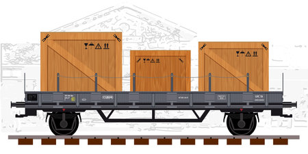 Railway cargo transport wagon with some transport wooden crates. Detailed vector illustration.のイラスト素材