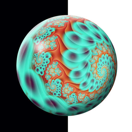 3D rendering of glossy button with colorful fractal pattern and texture embellishment
