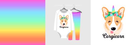 Seamless pattern and illustration for kid with unicorn corgi dog, text Corgicorn. Funny design pajamas on hanger. Baby background for fashion clothes, room decor, t-shirt print, baby shower, wrappingのイラスト素材