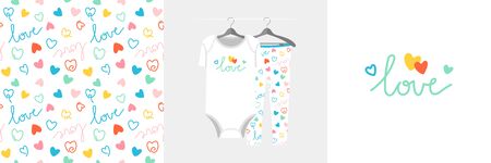 Seamless pattern and illustration for kid with hearts and lettering love.のイラスト素材