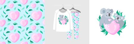 Seamless pattern and illustration for kid with heart, mother koala and baby.のイラスト素材