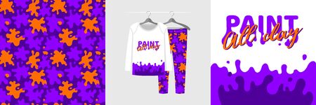 Seamless pattern and illustration with liquid splash, quote Paint All Day.のイラスト素材