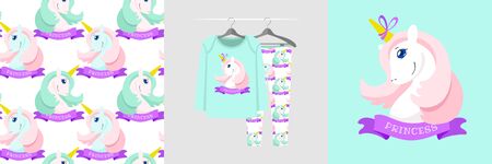 Seamless pattern and illustration for kid with unicorn and Princess textのイラスト素材