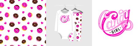 Seamless pattern and illustration for a kid with donut and slogan Candy Girlのイラスト素材