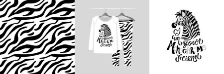 Seamless pattern and illustration with zebra, I am your monochrome friend text. Cute design pajamas on the hanger. Baby background for clothes, room birthday decor, fashion tee print, wrappingのイラスト素材