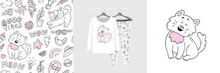 Seamless pattern and illustration set with hand drawn doodle style catsのイラスト素材