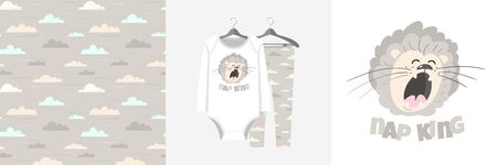 Seamless pattern and illustration set with yawning lion. Cute design pajamas on a hanger. Baby background for fashion clothes wear, room decor, t-shirt print, baby shower, fabric design, wrappingのイラスト素材