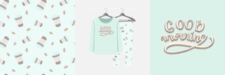 Seamless pattern and illustration set with a coffee, Good morning text. Cute design pajamas on a hanger. Baby background for clothes, party decor, tee print, kids wear fashion, fabric design, wrappingのイラスト素材
