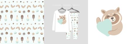 Seamless pattern and illustration set with raccoon hugs heart. Cute design pajamas on a hanger. Baby background for fashion clothes, room decor, t-shirt print, baby shower, fabric design, wrappingのイラスト素材