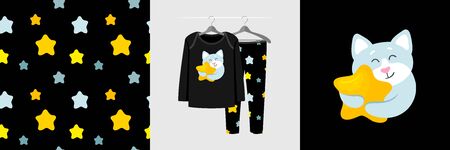 Seamless pattern and illustration set with cat hugs star. Cute design pajamas on a hanger. Baby background for fashion clothes wear, room decor, t-shirt print, baby shower, fabric design, wrappingのイラスト素材