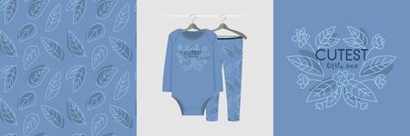 Seamless pattern and illustration set with leaves ornament and slogan Cutest little one. Cute design pajamas on the hanger. Baby background for clothes, room decoration, fashion tee print, wrappingのイラスト素材