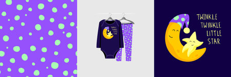 Seamless pattern and illustration for kid with moon, Twinkle twinkle little star. Cute design pajamas on hanger. Baby background for fashion clothes, room decor, t-shirt, baby shower, wrappingのイラスト素材