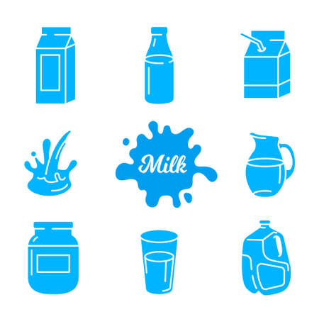 Milk icon set, vector illustration. Includes: dairy package, jug, lactic bottle and glass of milk, splash for web, mobile app,   infographics, packaging, advertisingのイラスト素材
