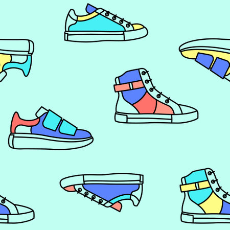 Vector sneakers shoes seamless pattern, teenage school boys and girls popular street wear. Color modern running footwear background for textile, wrapping paper, social media, shop, web, promotion, adのイラスト素材