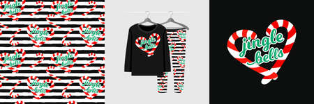 Seamless Christmas pattern and illustration for kid with candy. Cute design on pajamas mockup. Baby background for clothes wear, room decor, t-shirt, baby shower invitation, wrappingのイラスト素材