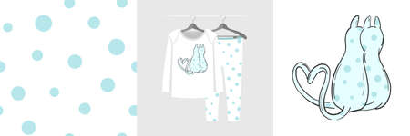 Seamless pattern and illustration set with two cats hugging. Tender background for apparel, family look, room decor, tee prints, fabric design, wedding invitations, branding, packagingのイラスト素材