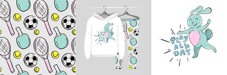 Seamless pattern and illustration set with cute happy bunny and text Play All Day. Baby design...