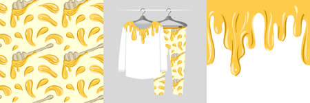 Seamless pattern and illustration set with endless honey border. Baby design pajamas, background for apparel, room decor, tee print, baby shower party invitation, fabric design, wrappingのイラスト素材