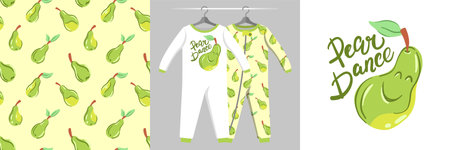 Seamless pattern and illustration set with pears, Pear dance text. Cute design pajamas on a hanger. Baby background for apparel, room decor, tee prints, baby shower, fabric design, wrappingのイラスト素材