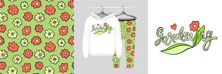 Seamless pattern and illustration set with flowers and Gardening lettering. Cute design pajamas on a hanger. Baby background for apparel, room decor, tee prints, baby shower, fabric design, wrappingのイラスト素材