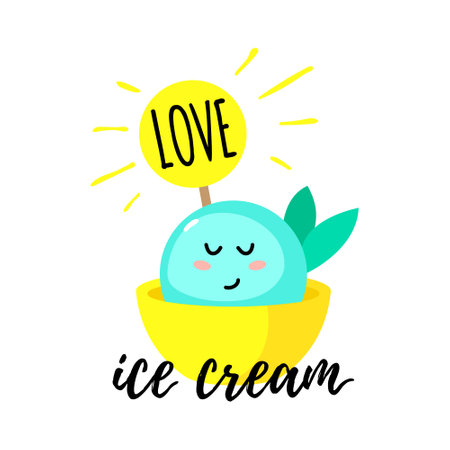 Solo print illustration with shining ice cream and hand drawn lettering Love ice cream. Funny clipart for apparel, cafe, room decor, tee print design, poster and greeting cardのイラスト素材