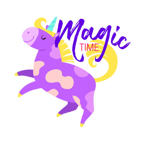 Solo print illustration with unicorn and hand drawn lettering Magic time. Funny animal for apparel, room decor, tee print design, poster and greeting cardのイラスト素材