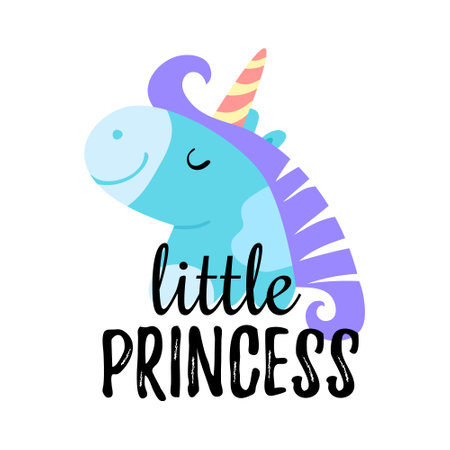 Solo print illustration with unicorn and hand drawn lettering Little Princess. Funny animal for apparel, room decor, tee print design, poster and greeting cardのイラスト素材