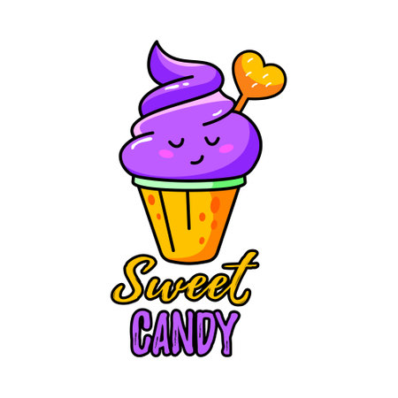Solo print illustration with touching cake and lettering Sweet Candy. Funny clipart for apparel, cafe, room decor, tee print design, poster and greeting cardのイラスト素材