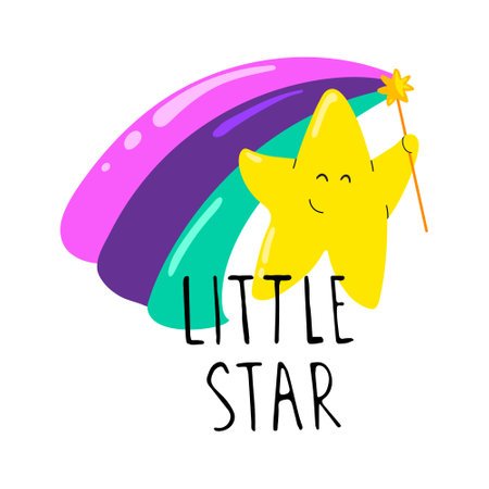 Solo print illustration with rainbow, cute star and hand drawn lettering Little star. Funny clipart for apparel, room decor, tee print design, poster and greeting cardのイラスト素材