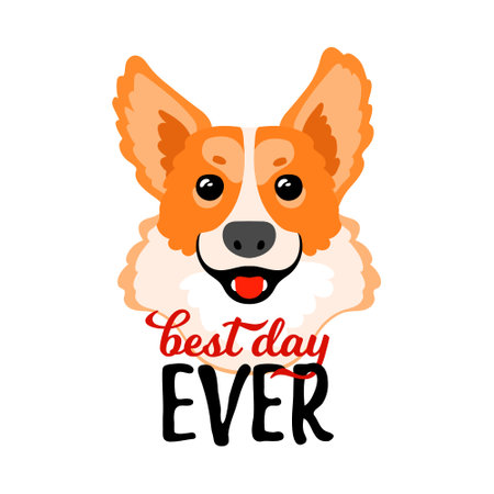 Solo print illustration with corgi and lettering Best day ever. Funny animal for apparel, room decor, tee print design, poster and greeting cardのイラスト素材
