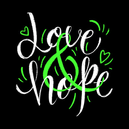 Vector illustration with chalk hand drawn calligraphy lettering - Love & Hope isolated on dark background. Vibrant Green and White colors. Motivational quote for tee print, room decor, social, cardのイラスト素材