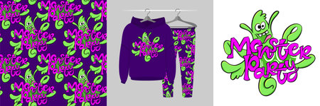 Seamless pattern and illustration set with cute monster and text Monster party. Baby design pajamas,...