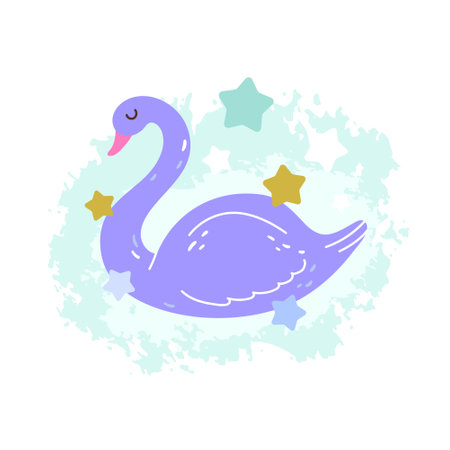 Solo print illustration with swan and stars. Funny animal for apparel, room decor, tee print design, poster and greeting cardのイラスト素材