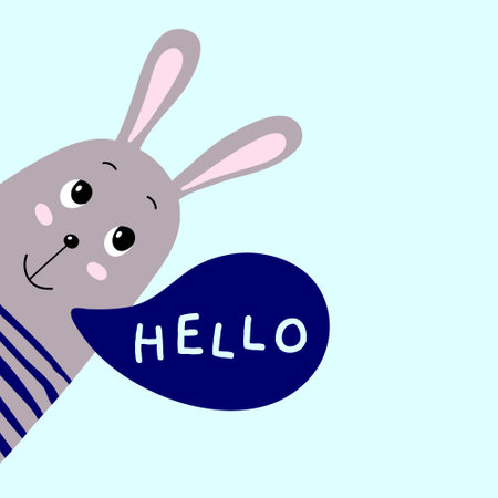 Illustration for kid with funny rabbit says hello. Cute design background, baby clothes, room birthday decor, t-shirt print, wear fashion, invitation cardのイラスト素材
