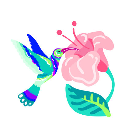 Solo print illustration with hummingbird wth flower. Funny comic bird for apparel, room decor, tee print design, poster and greeting cardのイラスト素材