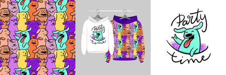 Seamless pattern and illustration set with company of cute funny dogs. Party time text. Cool design Hoodie, background for apparel, room decor, tee prints, baby shower, fabric design, wrappingのイラスト素材