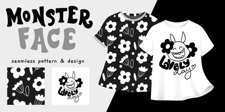 Playful monster face floral pattern for kids t-shirt and textile design in black and white offering  repeat, cute cartoon smile and hand-drawn charm ideal for clothing print and apparel useのイラスト素材