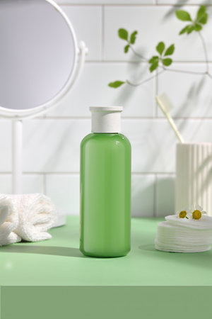 Balancing skin bottle green with white cotton towel in the bathroom. Cosmetics space