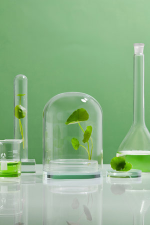 Green Background Centella asiatica for Biological experiment presentation Centella asiatica leaves and green water in biological test tubes. Production of cosmetics based on Centella asiatica .の写真素材
