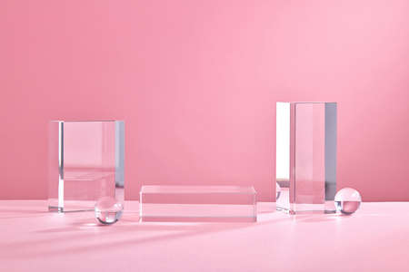 Blue Abstract background for branding and minimal presentation. Brown podium on folding paper pleated geometric background.の写真素材