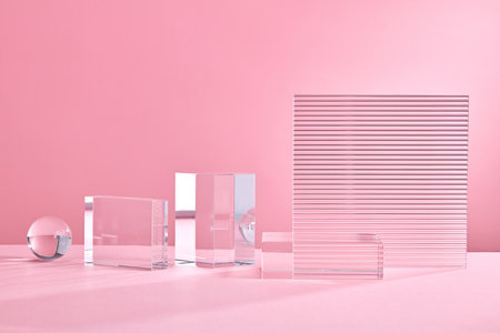 Glass Geometric podium for product display. Monochrome platform with ribbed acrylic sheets and...