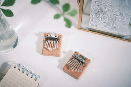 Relaxed girl swinging the kalimba on the mattress in the morning and drinking coffeeの写真素材