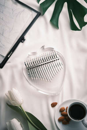 Relaxed girl swinging the kalimba on the mattress in the morning and drinking coffeeの写真素材