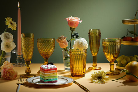 Party for Happy pride day - Wedding table decoration in rustic style placed with rainbow layered cake with candles, flower, glass wine. Tolerance and equality for lgbt community, same sex marriageの写真素材